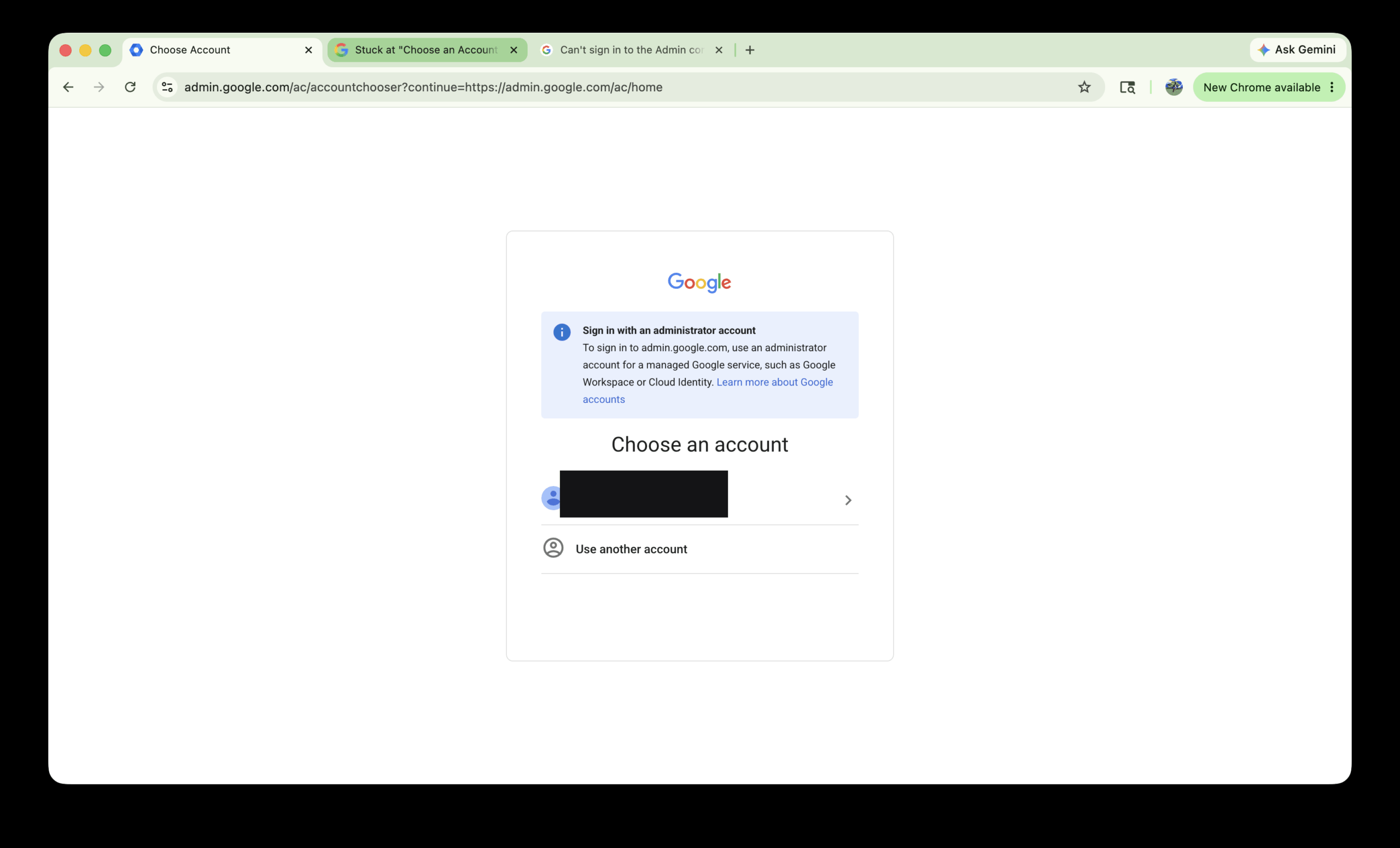 Google Workspace Admin Console Redirect Loop: The Real Cause and How to Fix It 1 Google Workspace admin console stuck on the Choose an account screen with the Sign in with an administrator account message