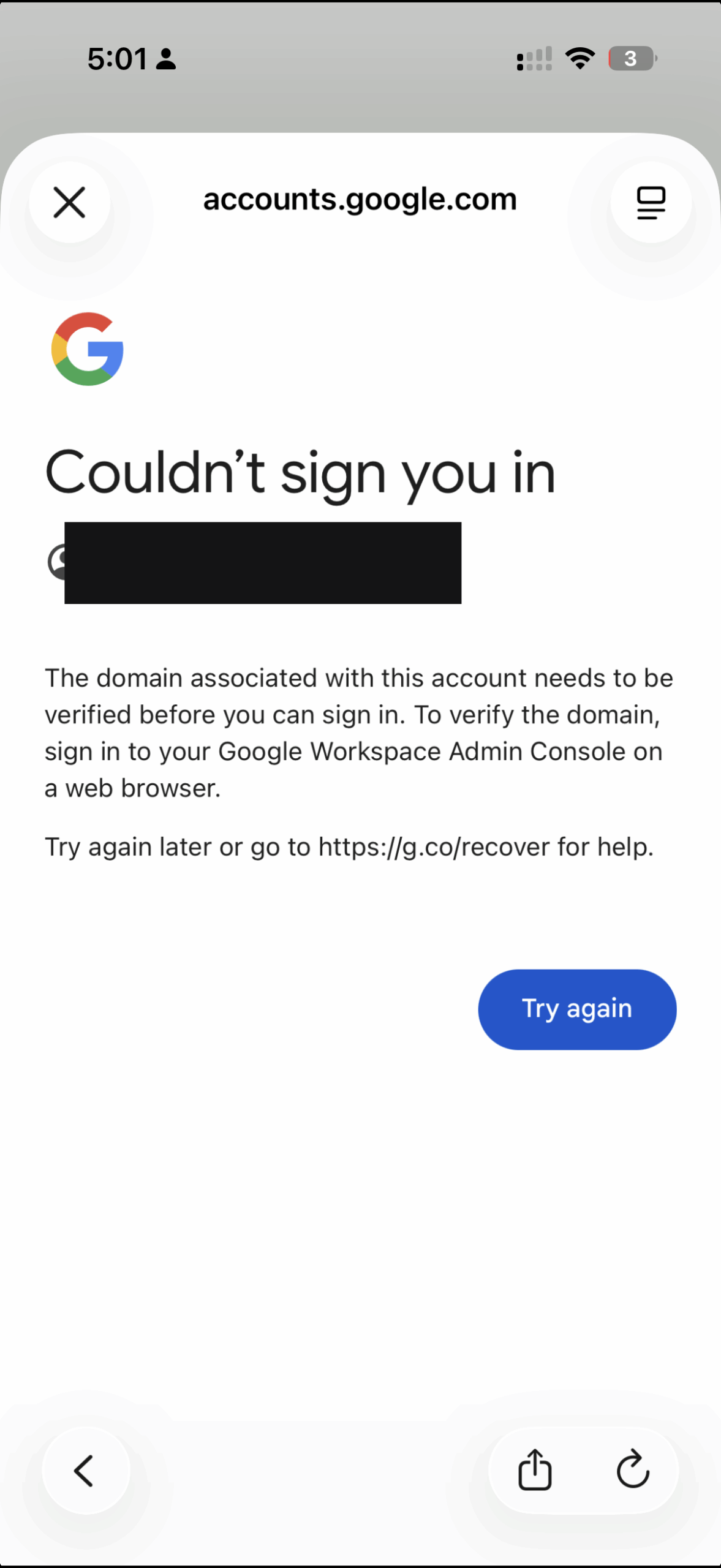 Google Workspace Admin Console Redirect Loop: The Real Cause and How to Fix It 4 Google error message: the domain associated with this account needs to be verified before you can sign in