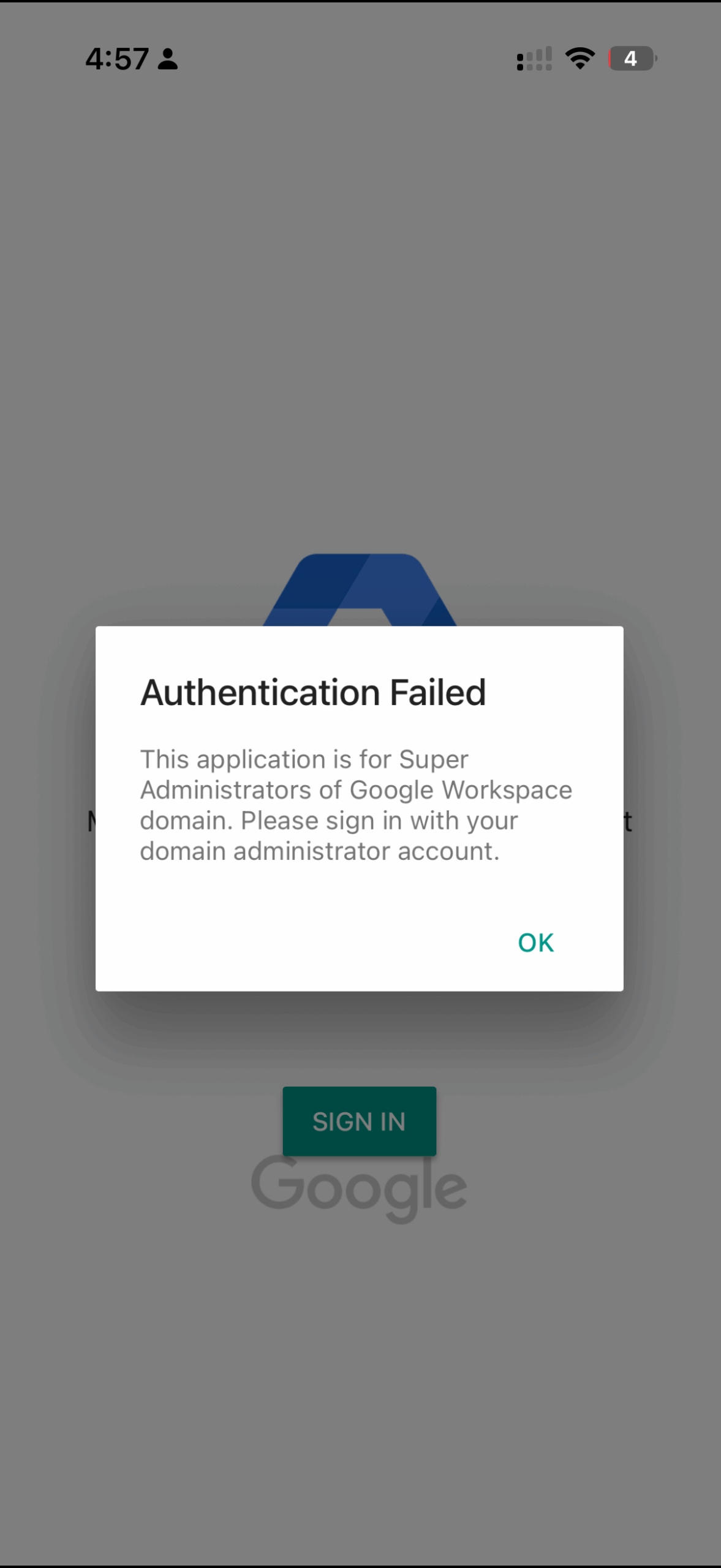 Google Workspace Admin Console Redirect Loop: The Real Cause and How to Fix It 3 Google Admin app error reading This application is for Super Administrators, please sign in with your domain administrator account