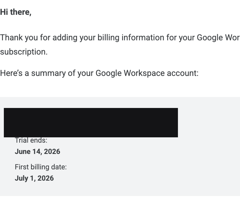 Google Workspace Admin Console Redirect Loop: The Real Cause and How to Fix It 2 Google Workspace billing email confirming an active free trial subscription