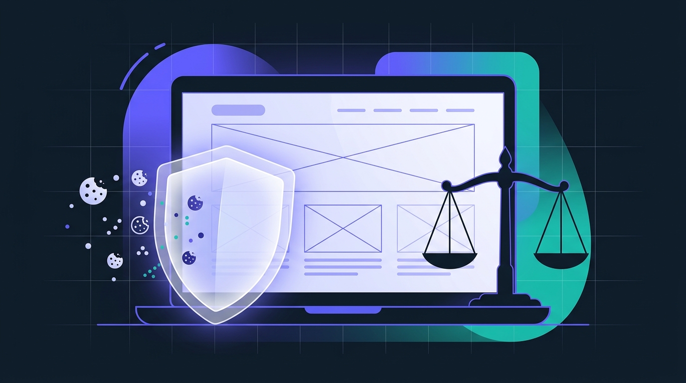 Website Privacy Lawsuits 2026 Illustration of a website protected by a privacy shield blocking tracking cookies, next to scales of justice