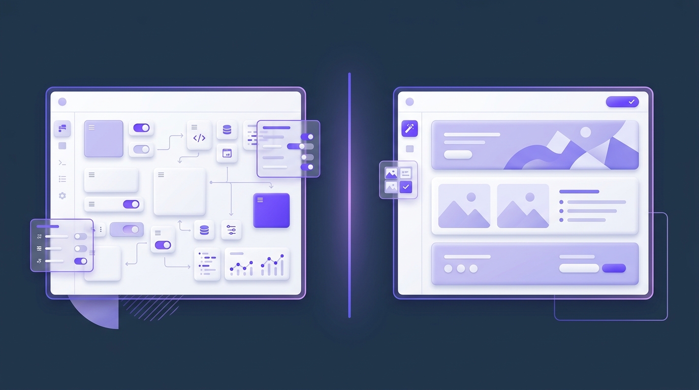 wordpress-vs-squarespace WordPress vs Squarespace comparison — a flexible modular platform dashboard beside a simpler all-in-one website builder