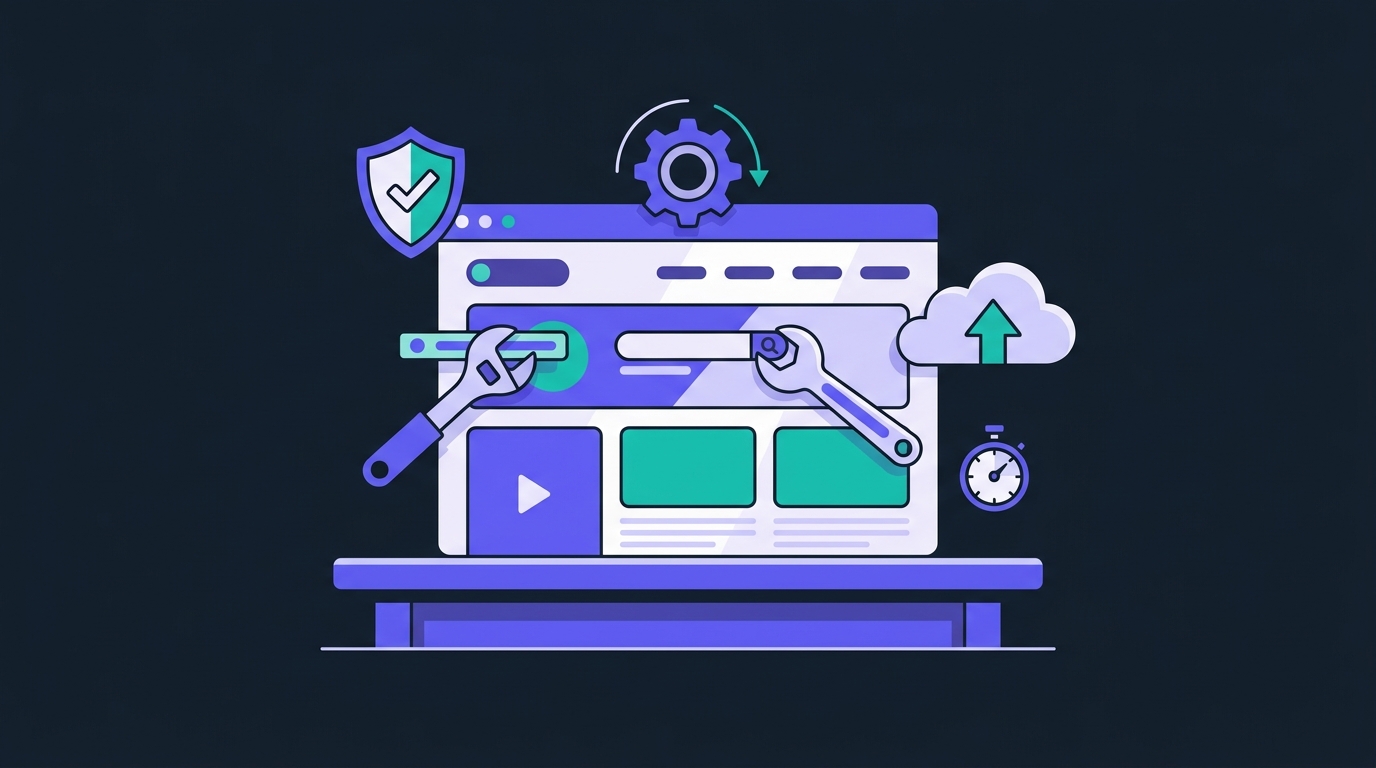 best-wordpress-maintenance-services Illustration comparing the best WordPress maintenance services: a website being maintained with security, updates, backups and speed tools