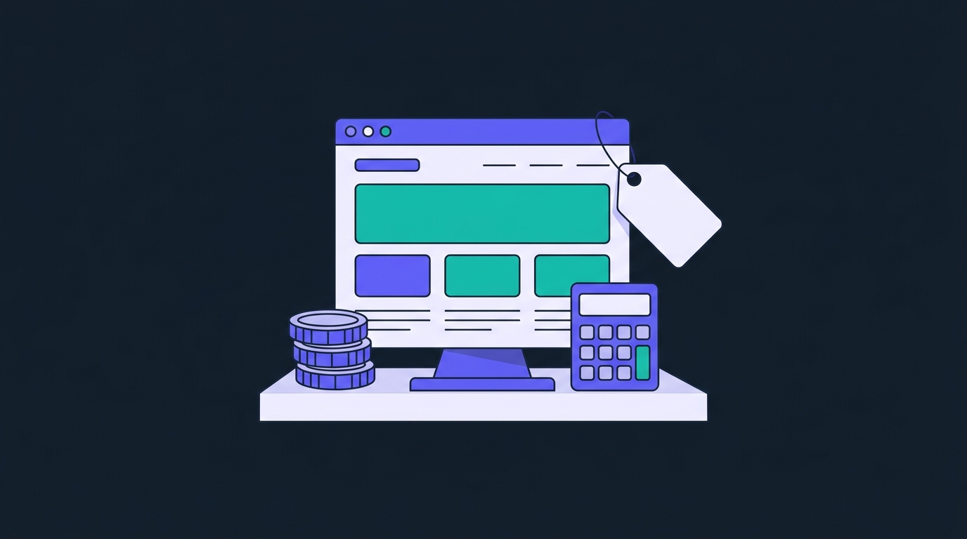 how-much-does-a-website-cost How much does a website cost: illustration of a small business website with a price tag, coins and a calculator