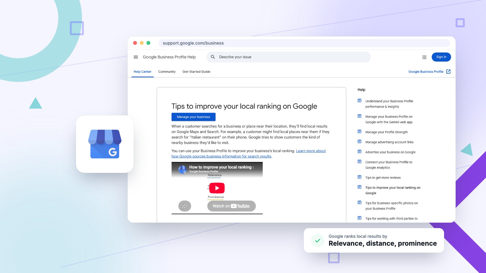 Google Business Profile optimization guide 2026 Google Business Profile optimization: Google Business Profile icon next to Google's tips to improve your local ranking