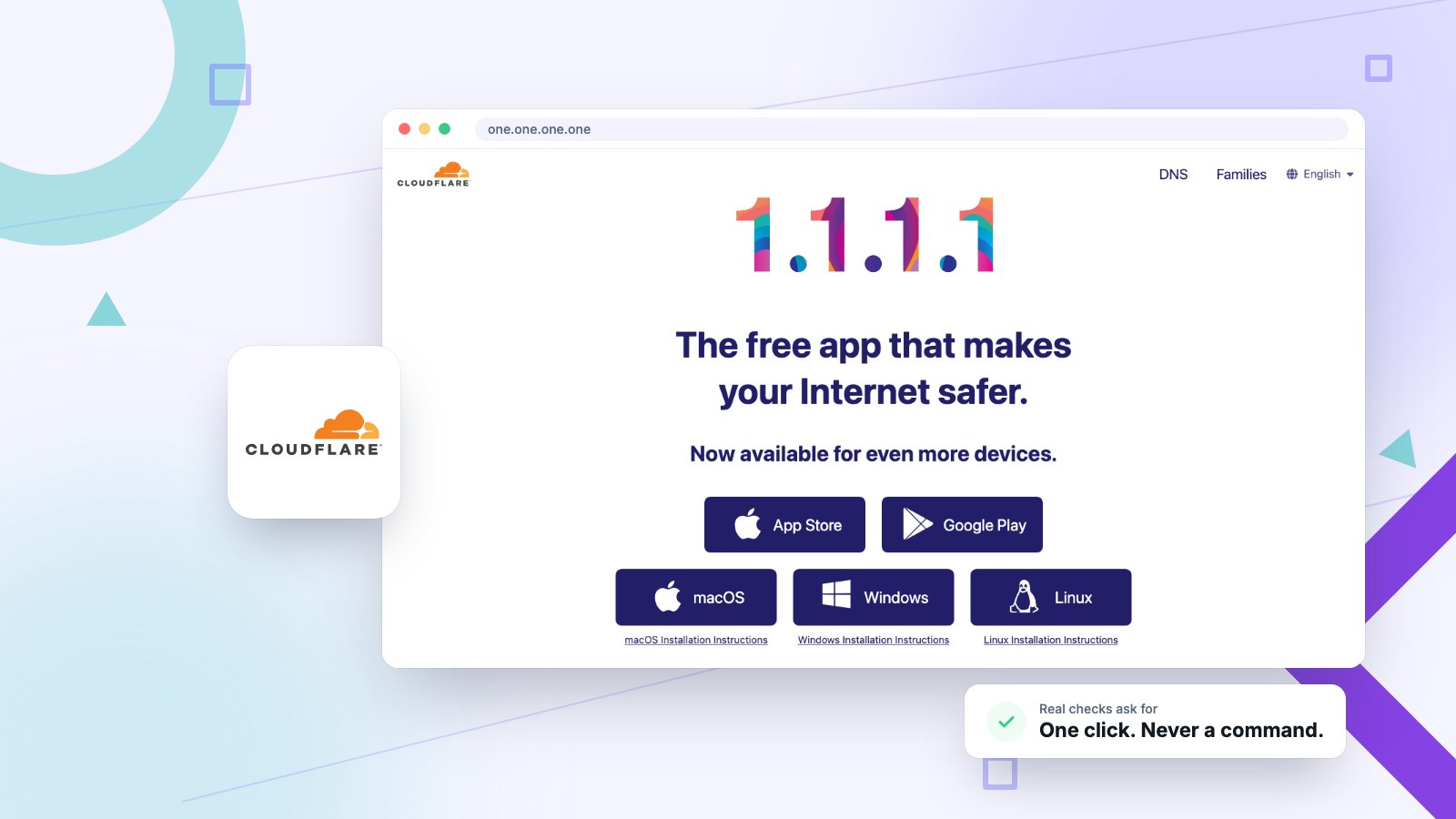 Is Cloudflare safe? Cloudflare logo next to its 1.1.1.1 app page