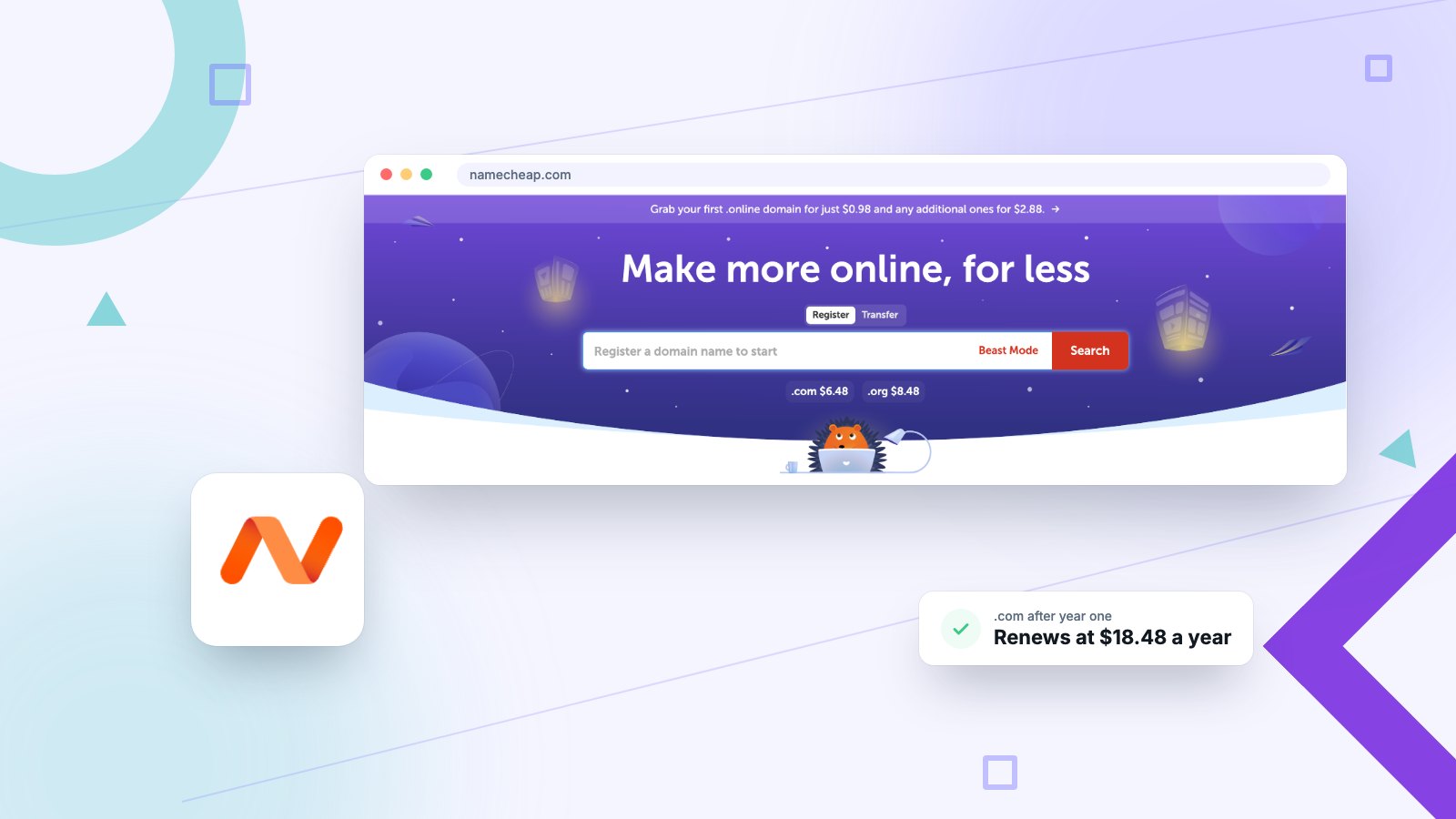 is-namecheap-legit Is Namecheap legit? The namecheap.com homepage with a .com renewal price of 18.48 dollars a year
