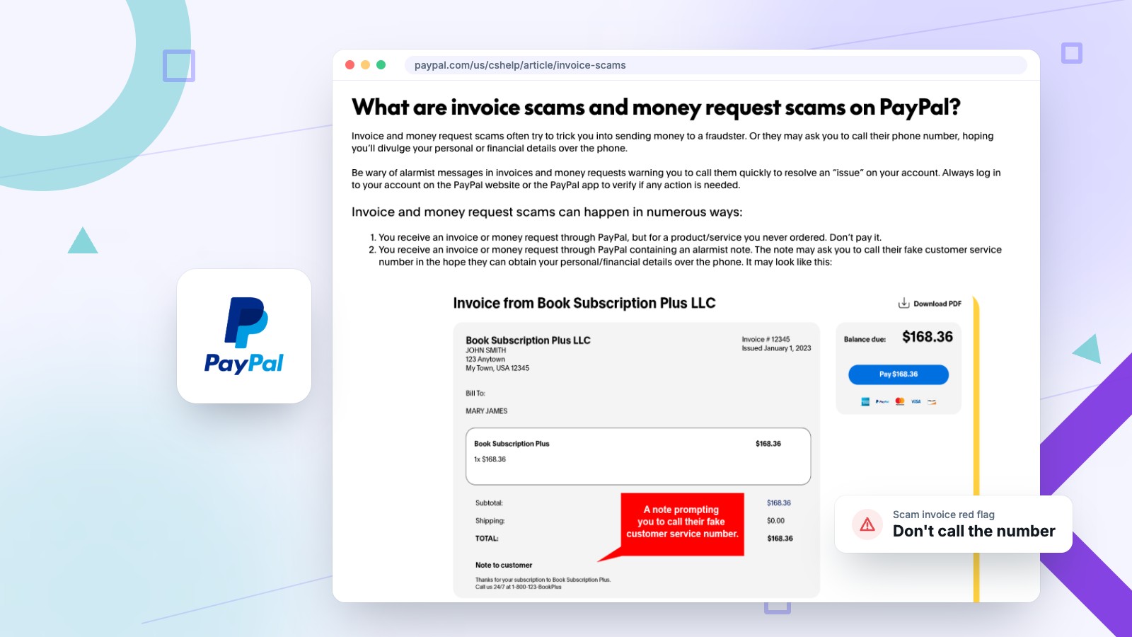 PayPal invoice scam example from PayPal's help page, with a note telling you to call a fake customer service number