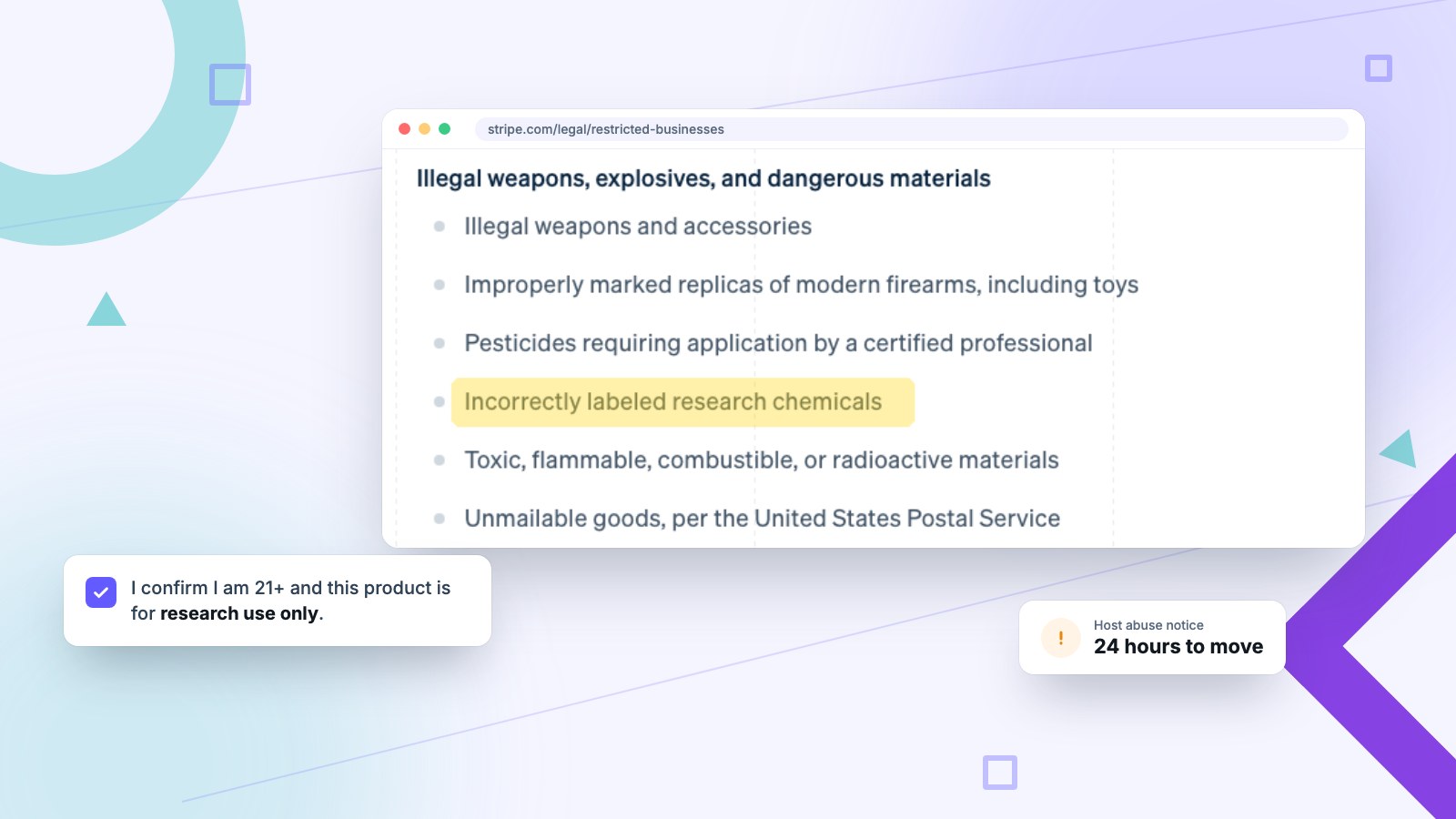 How to sell peptides online: Stripe restricted list flags incorrectly labeled research chemicals, with a research-use checkout checkbox and a 24-hour host notice