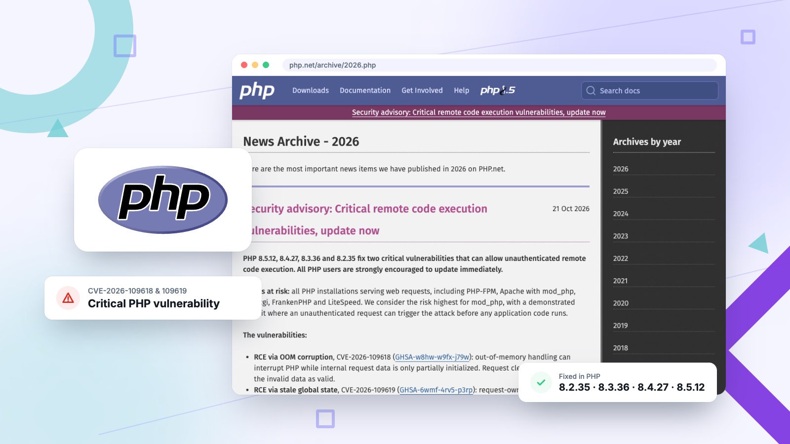 PHP vulnerability PHP2Shell security advisory on php.net with the fixed PHP versions