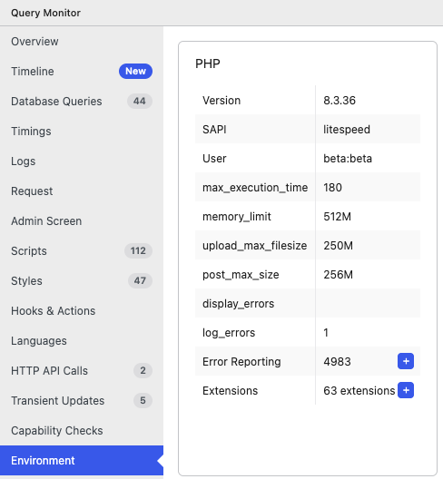 How to Update PHP in WordPress (and When to Fire Your Host) 2 Query Monitor Environment panel showing the WordPress PHP version