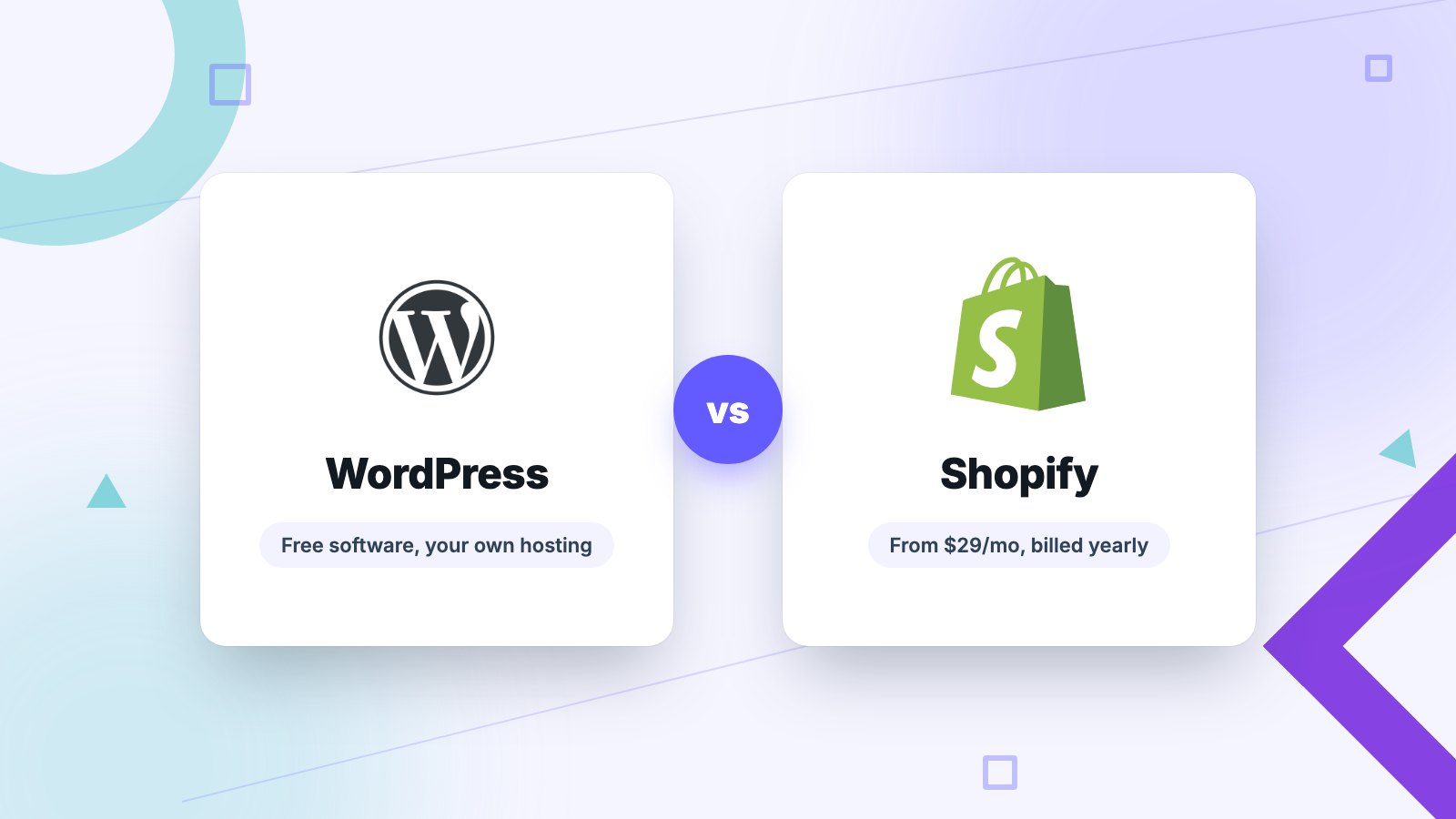 wordpress-vs-shopify WordPress vs Shopify: the WordPress logo (free software, your own hosting) next to the Shopify logo (from 29 dollars a month billed yearly)